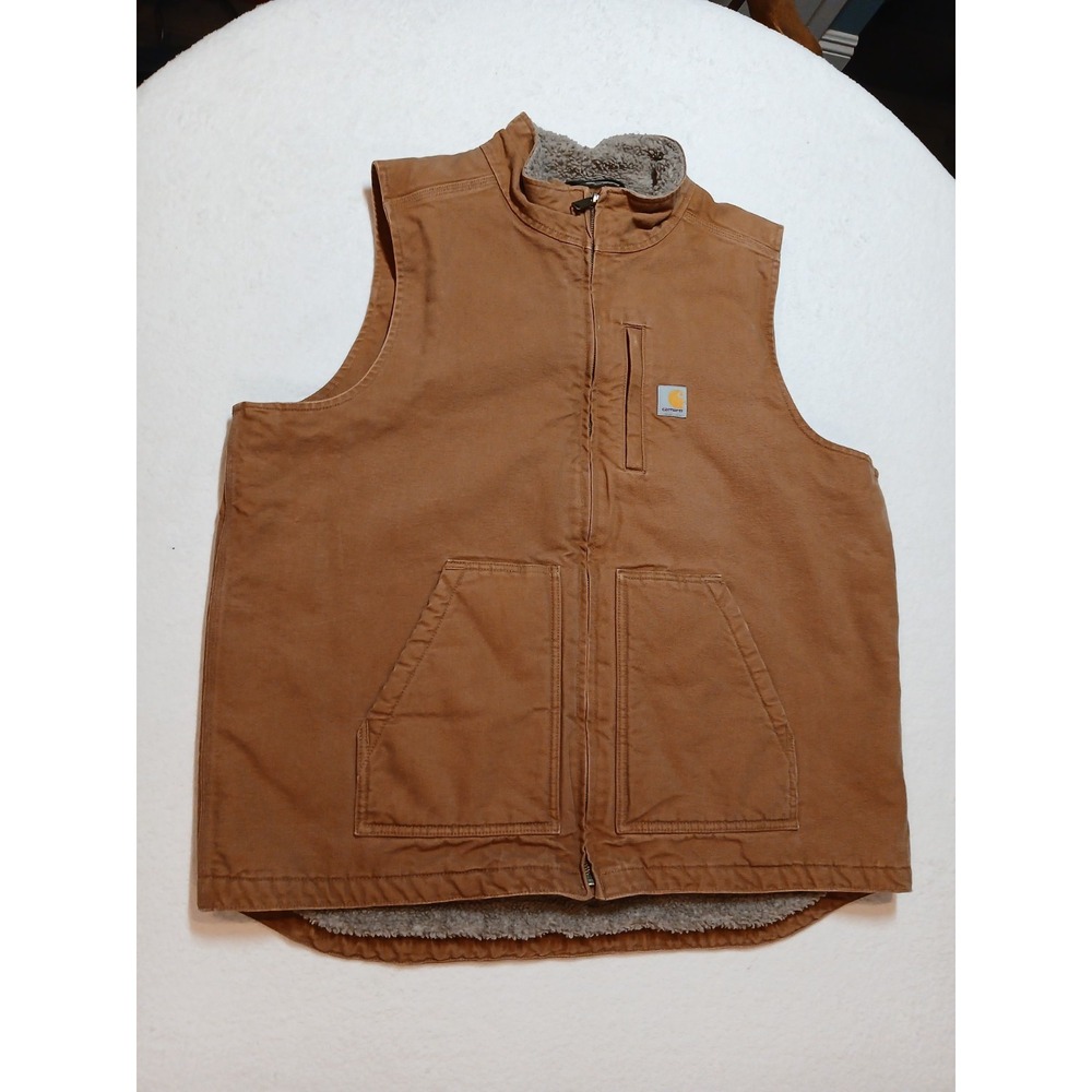 Carhartt Men's XL Tall 104277 Sherpa Lined Washed Duck Mock Neck Vest Brown XLT